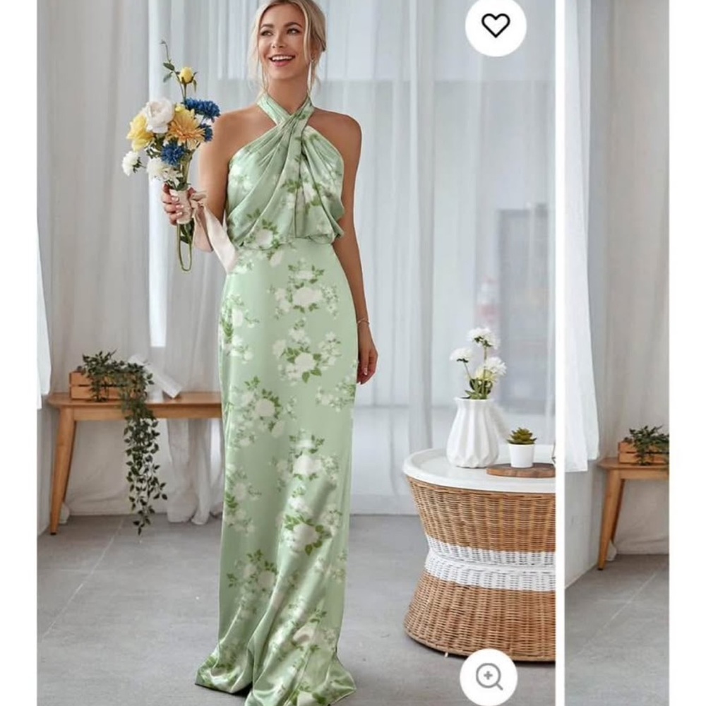 Satin sage green floral bridesmaid dress